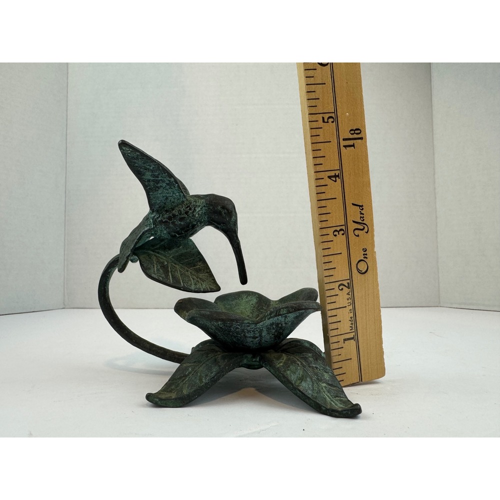Vintage Verdigris Cast Metal Hummingbird Flower Trinket Dish Figurine Tealight - Picture 3 of 7